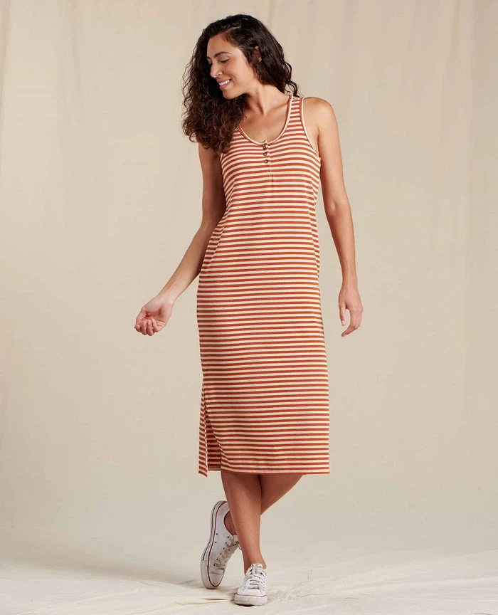 Toad&Co WOMENS W's Henley Midi Tank Dress- Rust Stripe 1 Toad&Co WOMENS W's Henley Midi Tank Dress- Rust Stripe